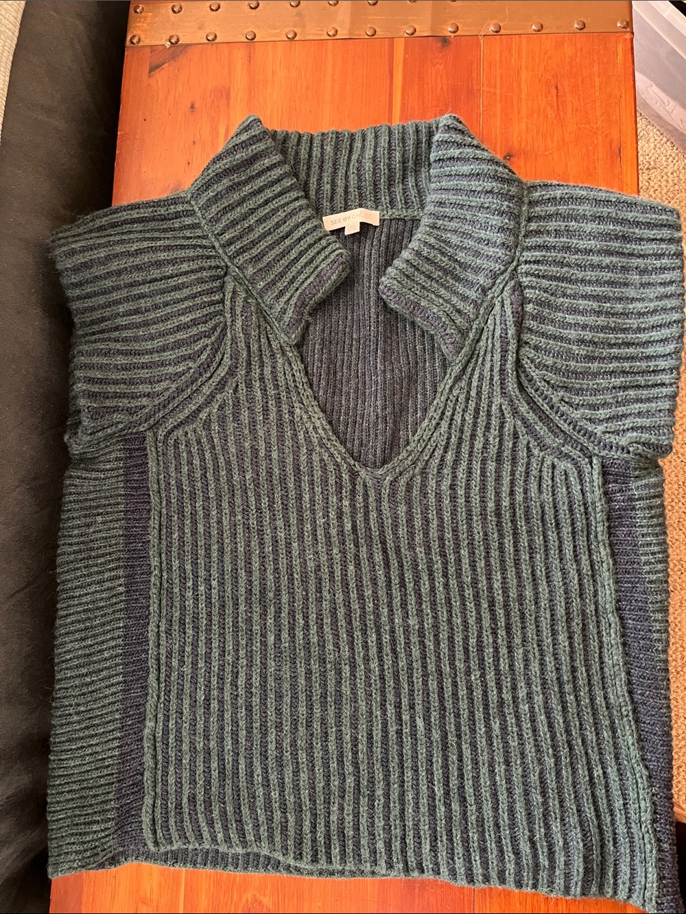 See By Chloé Deep Green Ribbed V-Neck Sweater Vest -